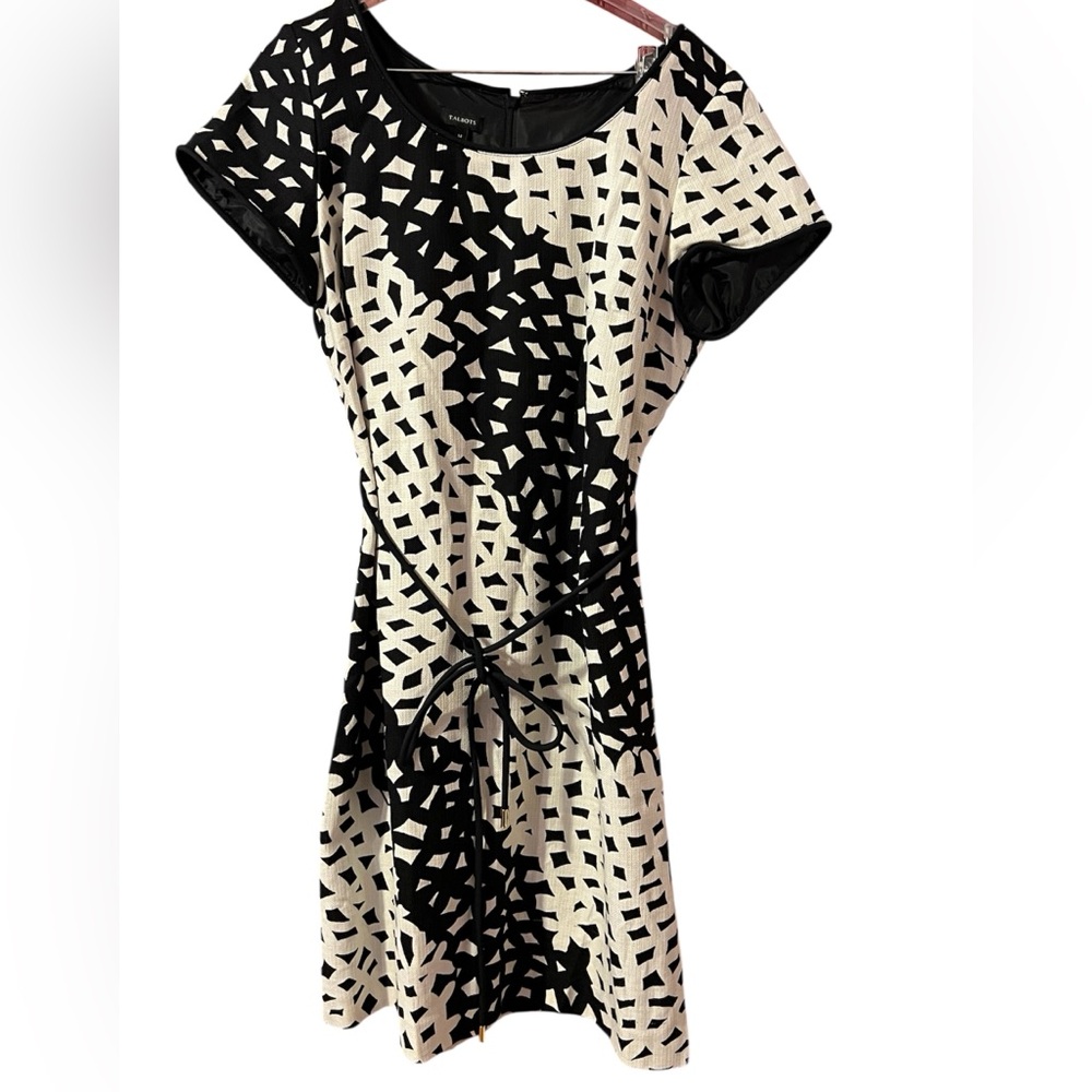 Talbots Black & Cream Geometric Tie-Waist Midi Dress